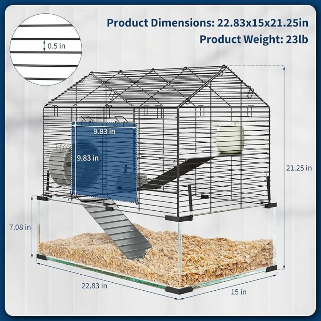 HiMISS 3 Tier Hamster Enclosure Metal And Glass Cage For Small Animals