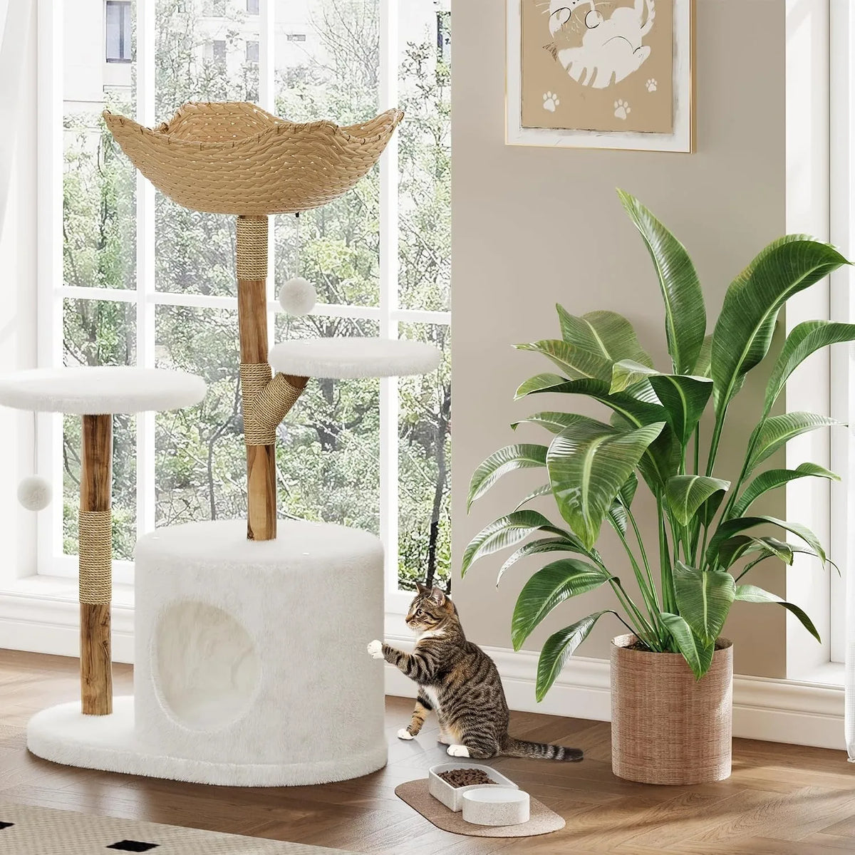 Wooden Cat Tree Tower with Rattan Multi Level Climbing Perches