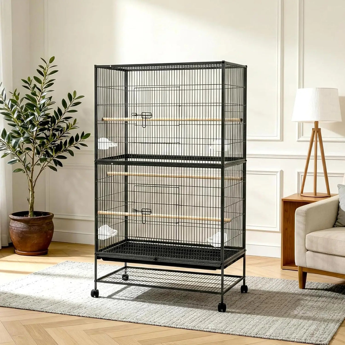 HiMISS Bird Cage With Rolling Base And Feed Bowls