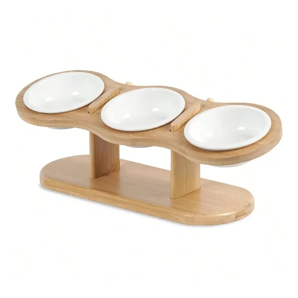 Adjustable Raised Dog Bowl Stand With Three Ceramic Bowls