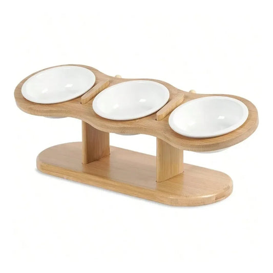 Adjustable Raised Dog Bowl Stand With Three Ceramic Bowls