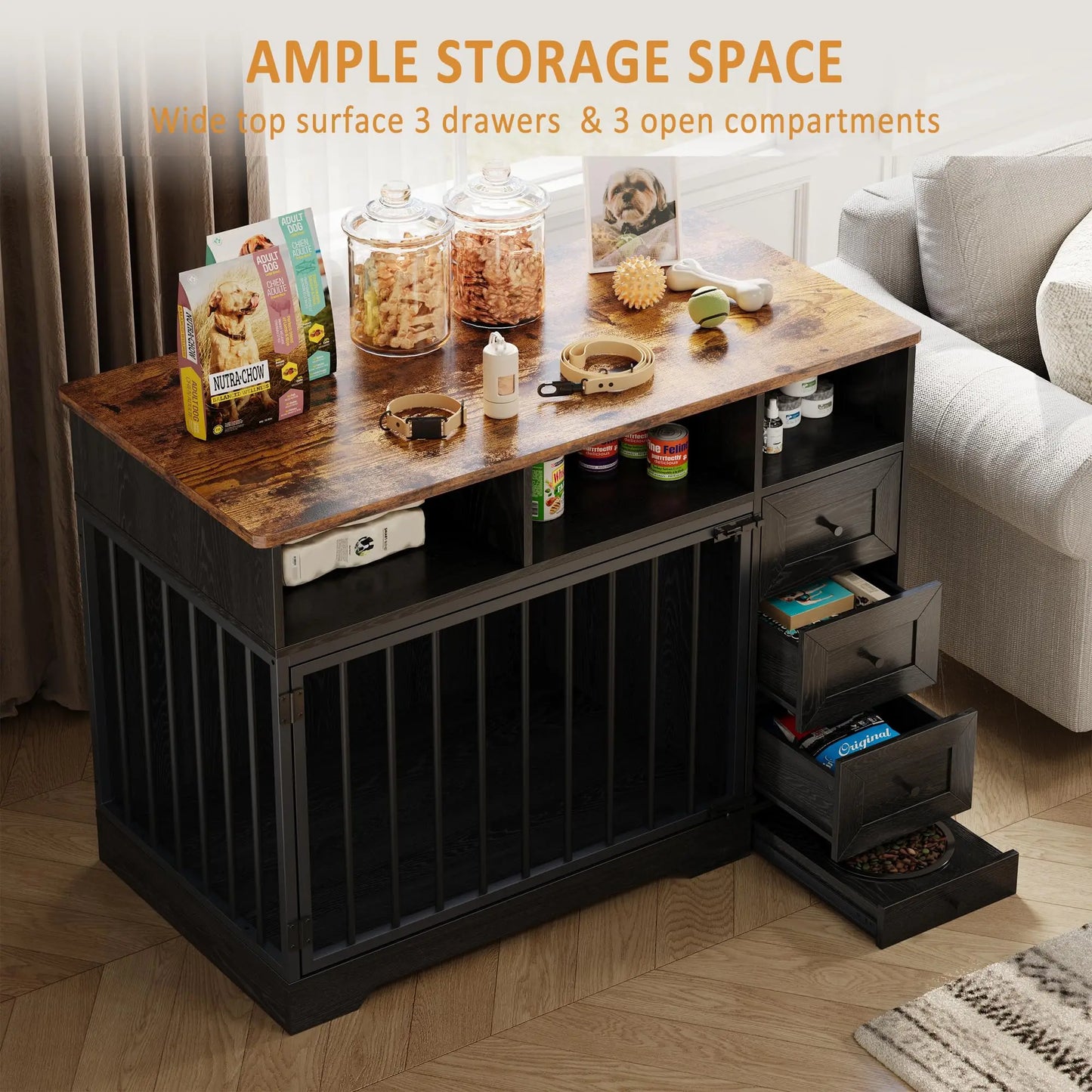 HiMISS Farmhouse Wooden Dog Crate End Table With Storage Drawers