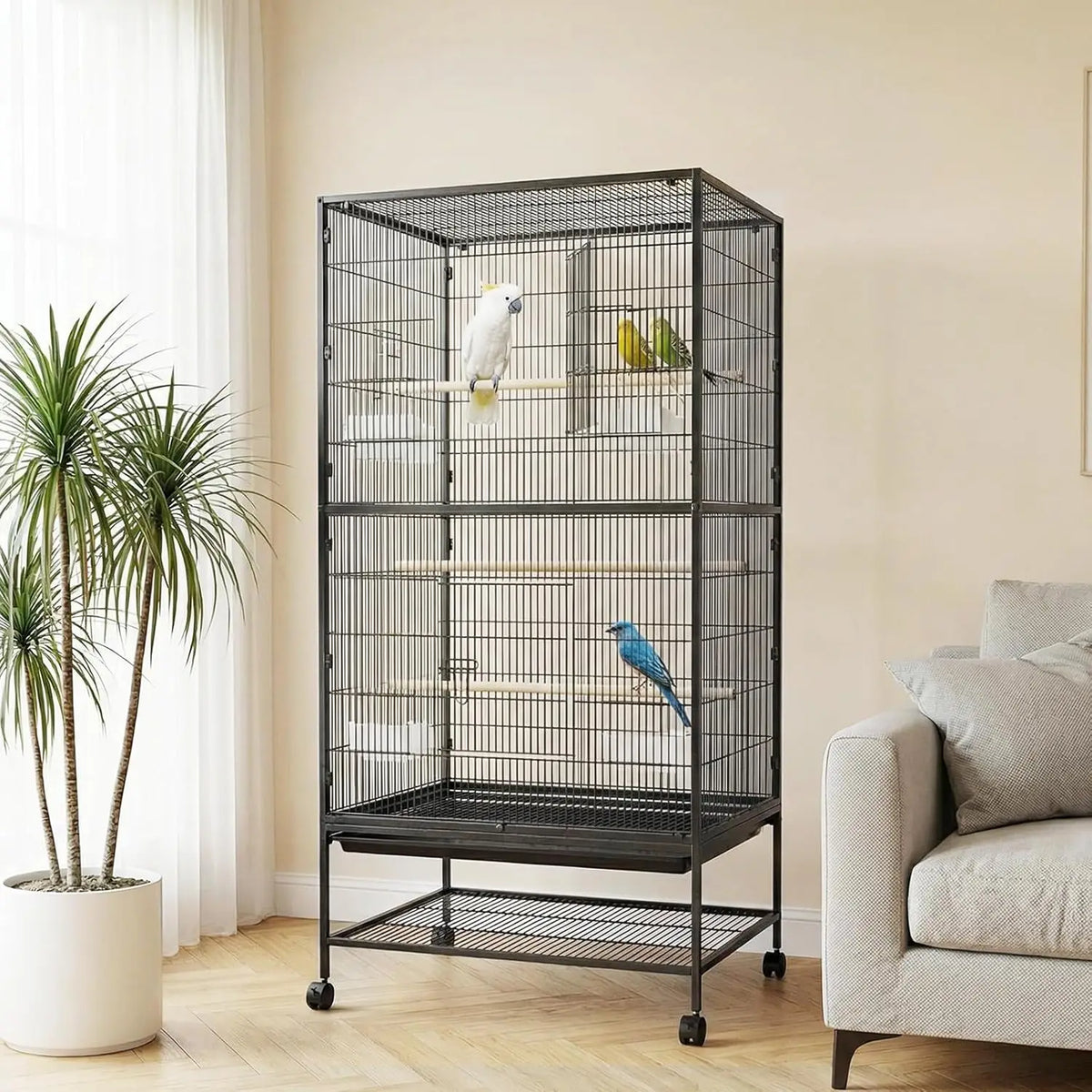 HiMISS Bird Cage With Rolling Base And Feed Bowls