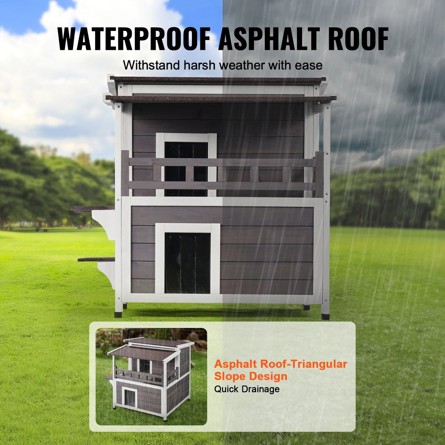 SucceBuy Outdoor Cat House Weatherproof Shelter With Balcony