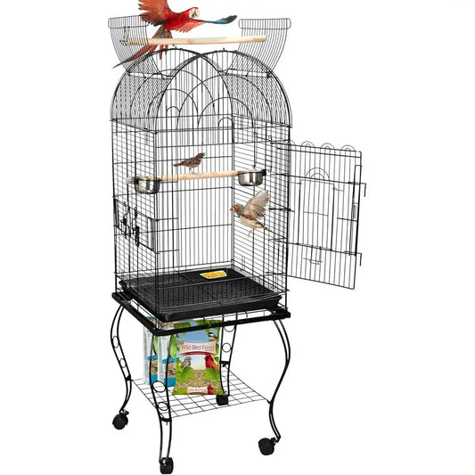 Open-Top Wrought Iron Bird Cage With Slide-Out Tray For Parrots And Cockatoos