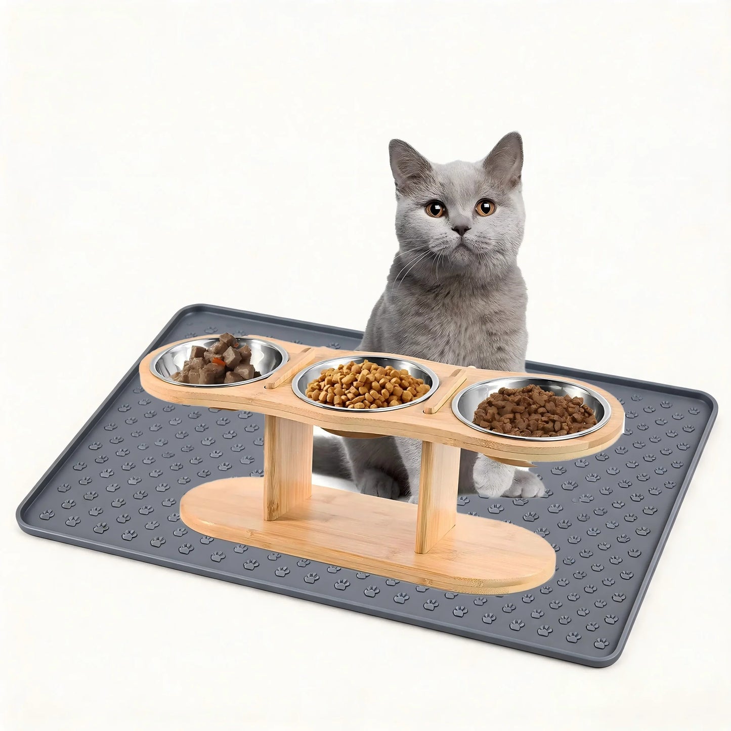 Cat Three Bowls In Raised Feeder With Tilted Wooden Stand