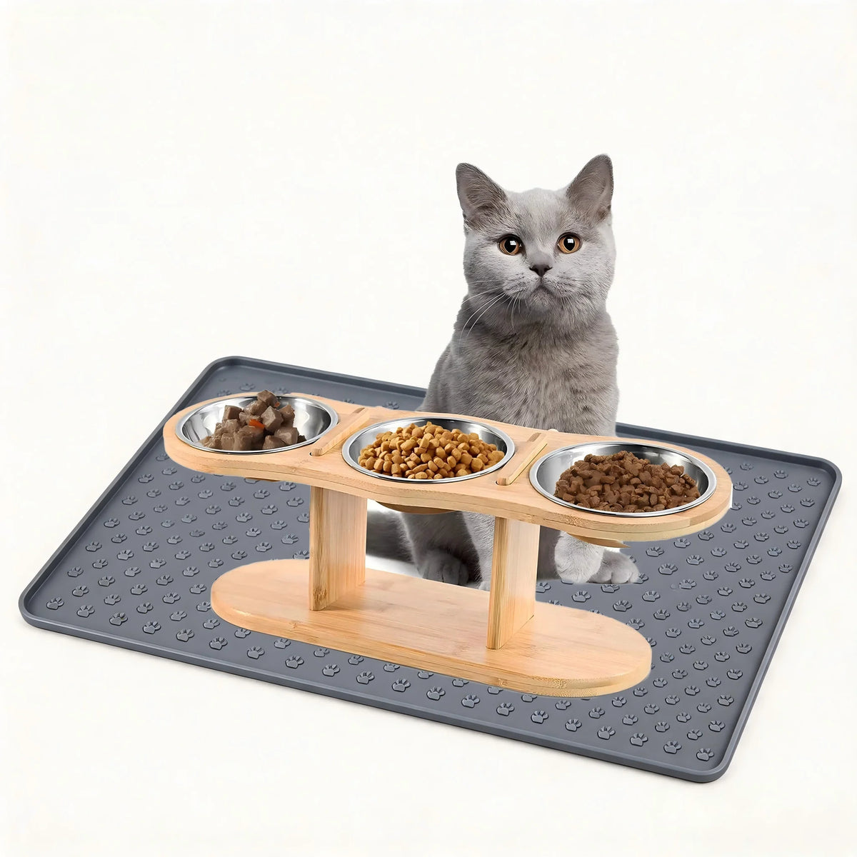 Tilted Raised Cat Feeder With Stainless Steel Bowls And Mat