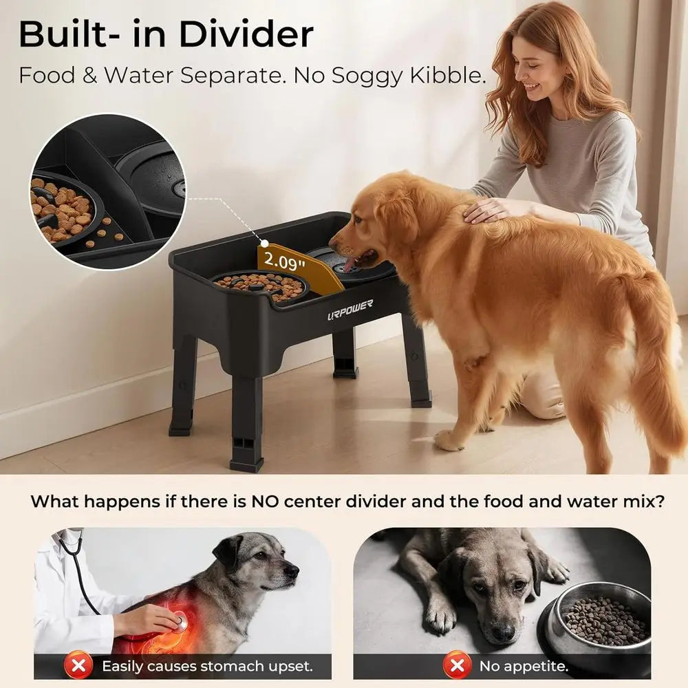 Elevated Adjustable Dog Bowls With No Spill And Slow Feeder