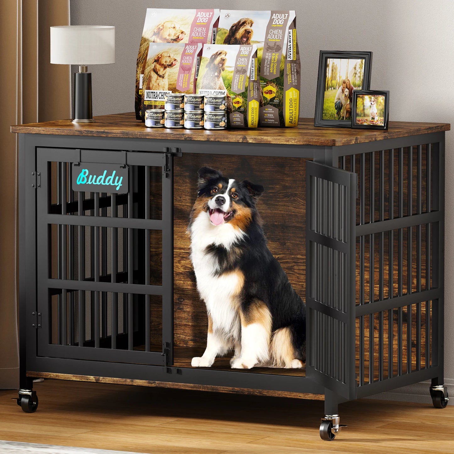 Dog Crate Furniture With Casters For Large And Medium Dogs