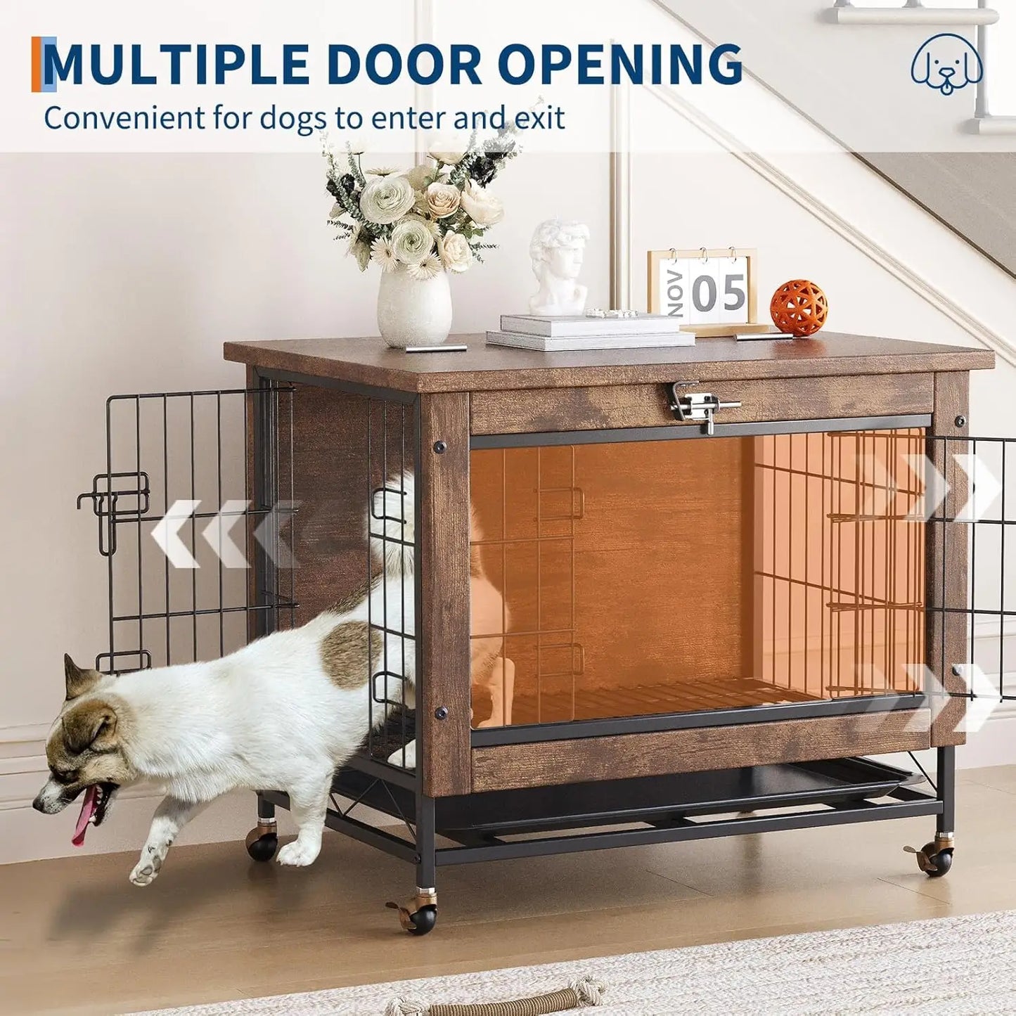 TWISTER.CK Dog Crate Furniture Indoor Wooden Kennel With Wheels