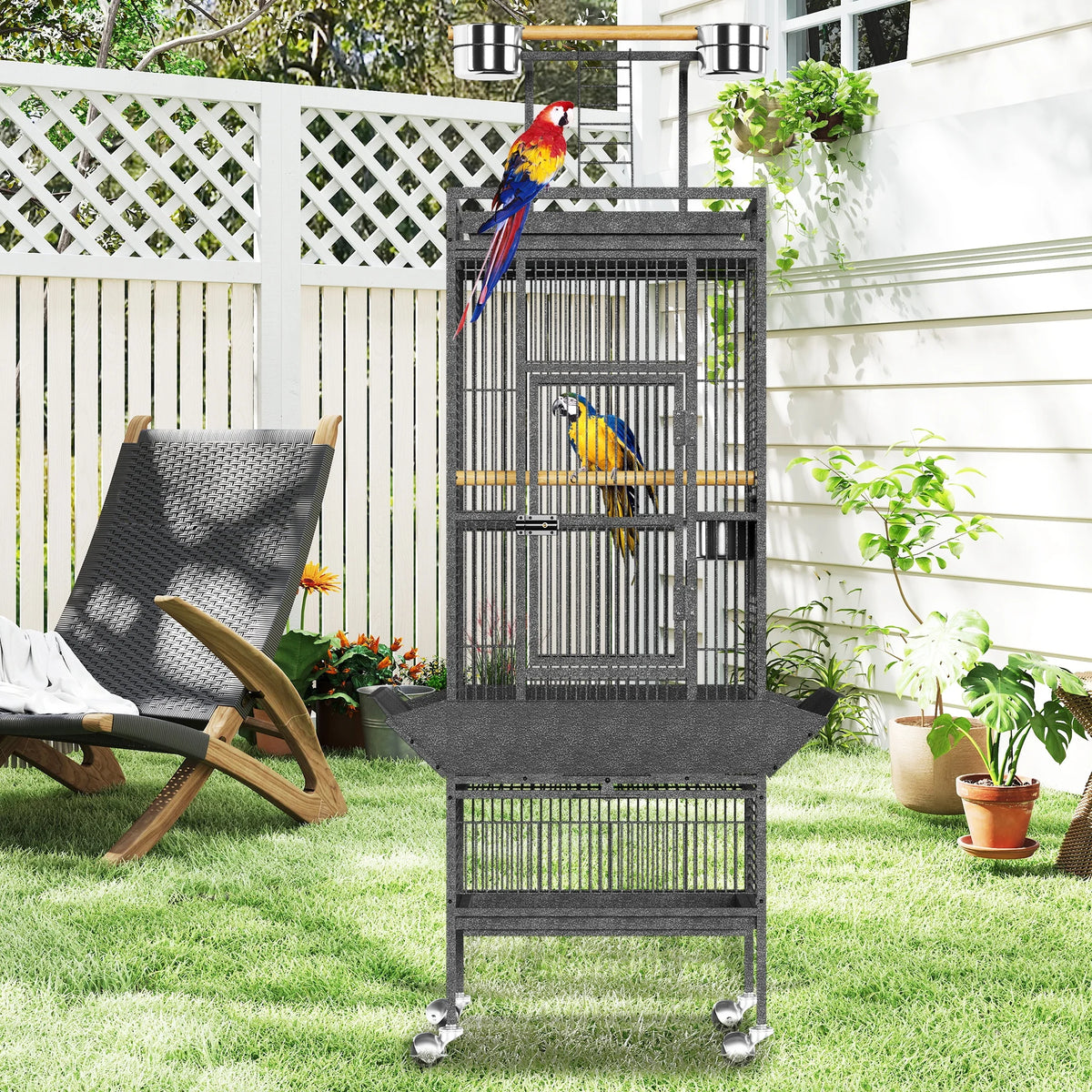 Wrought Iron Bird Cage With Rolling Stand Perch And Feeder