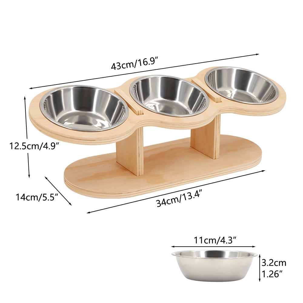 PETRAVEL Cat Feeder 3-In-1 Tilted Raised Stainless Bowls Wood Brackets
