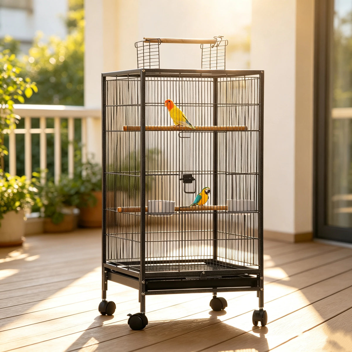 Open Top Double Parrot Cage With Rolling Storage Stand