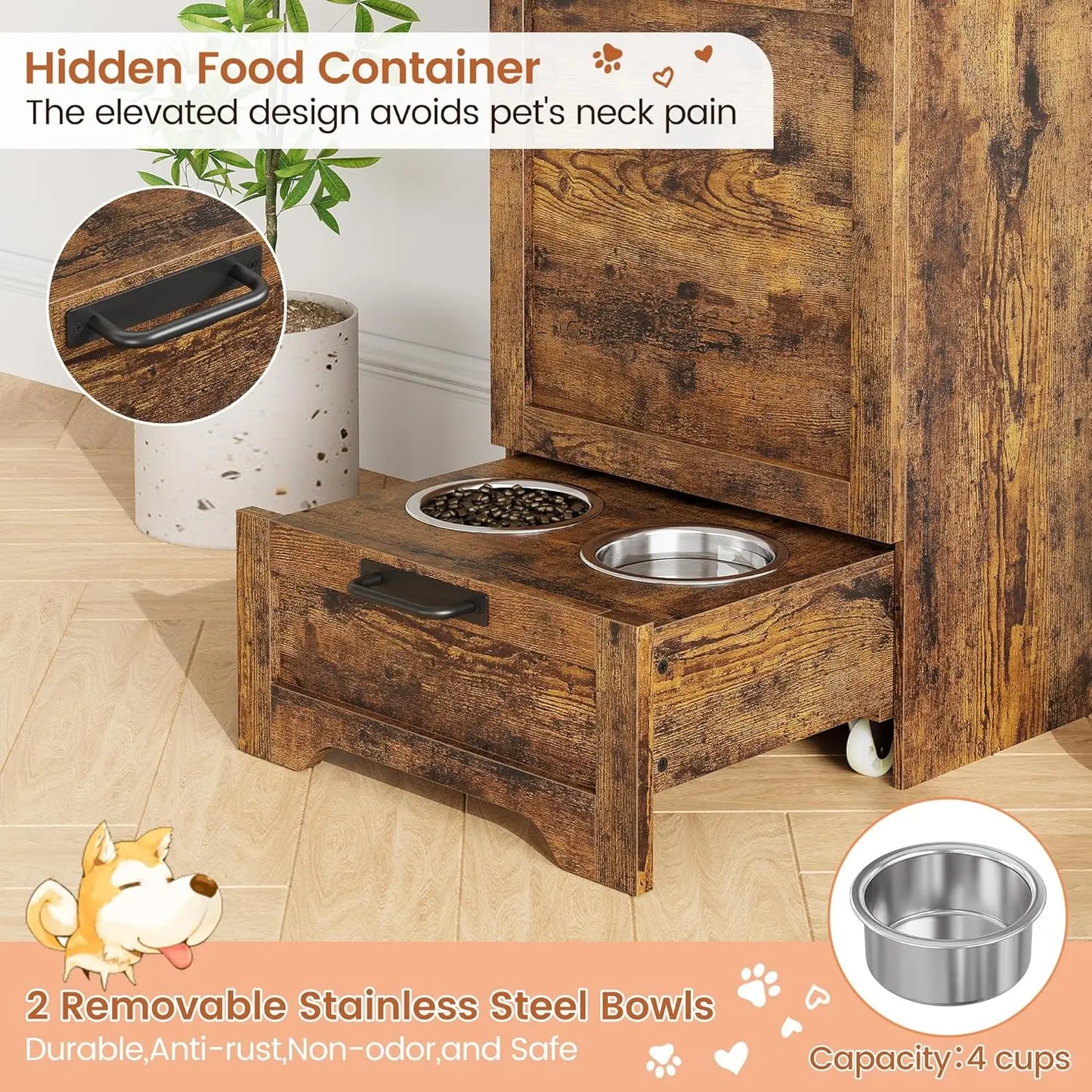 HiMISS Dog Feeding Station With Elevated Bowls And Storage Cabinet