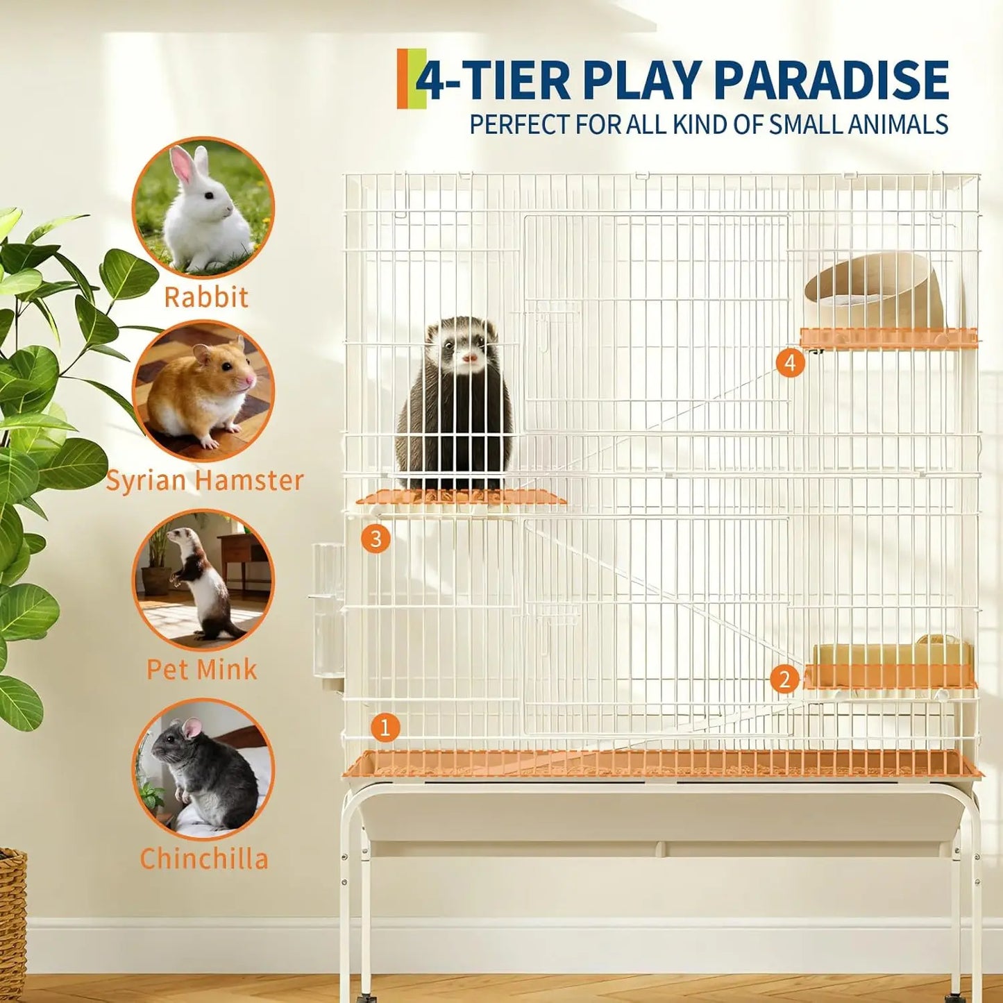 HiMISS 4-Tier Metal Small Animal Cage With Wheels And Ramps