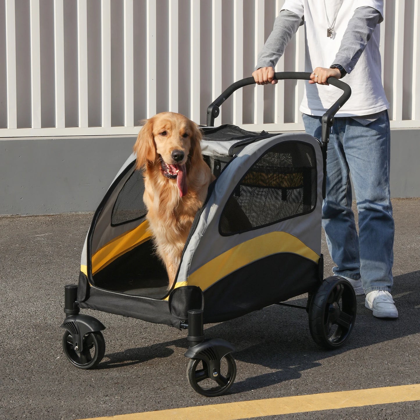 Portable Dog Stroller With 4 Wheels For Large Dogs Breathable Foldable Carrier