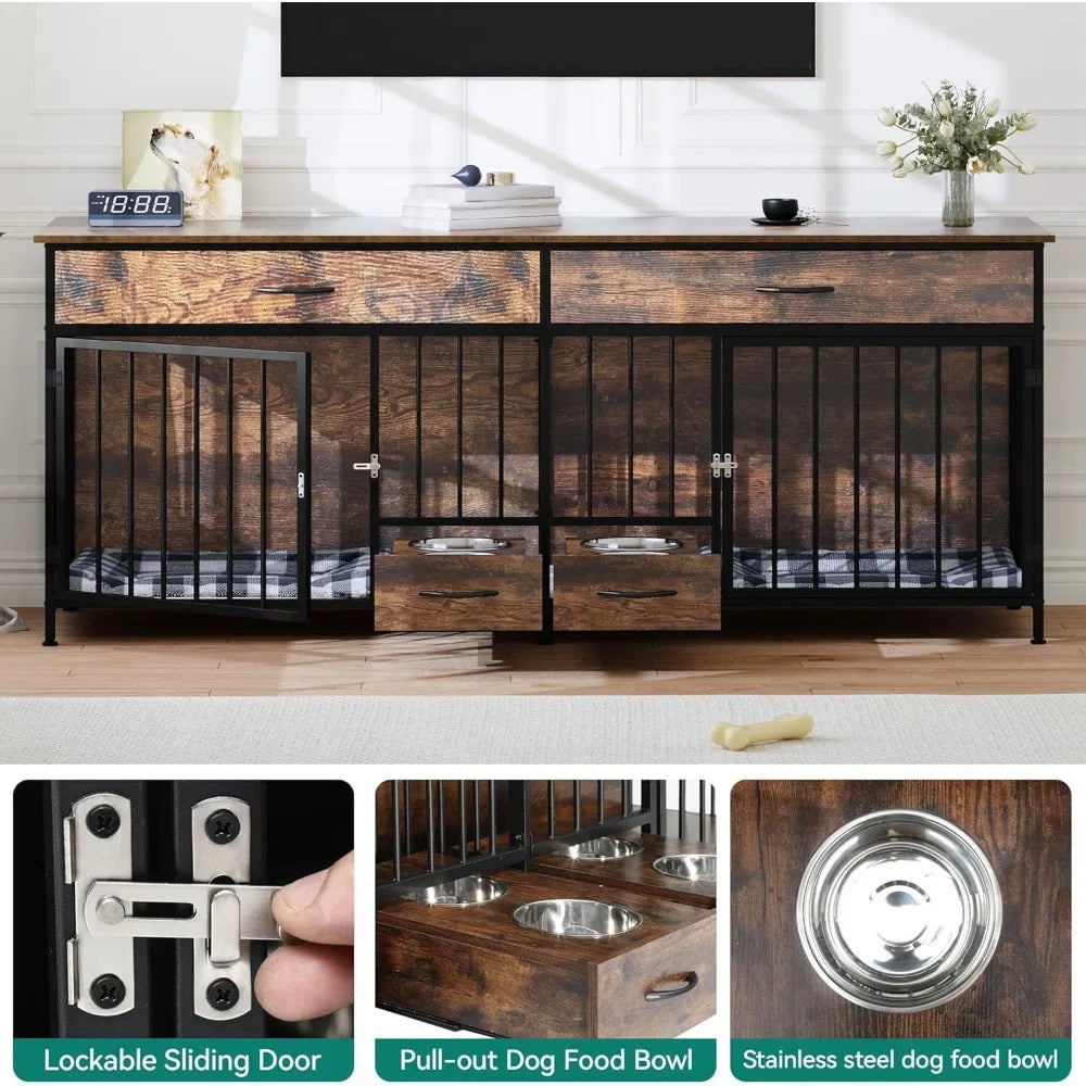 Double Dog Crate Furniture With TV Stand And Feeder