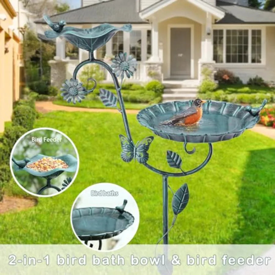 Outdoor Bird Bath And Feeder With Metal Stake