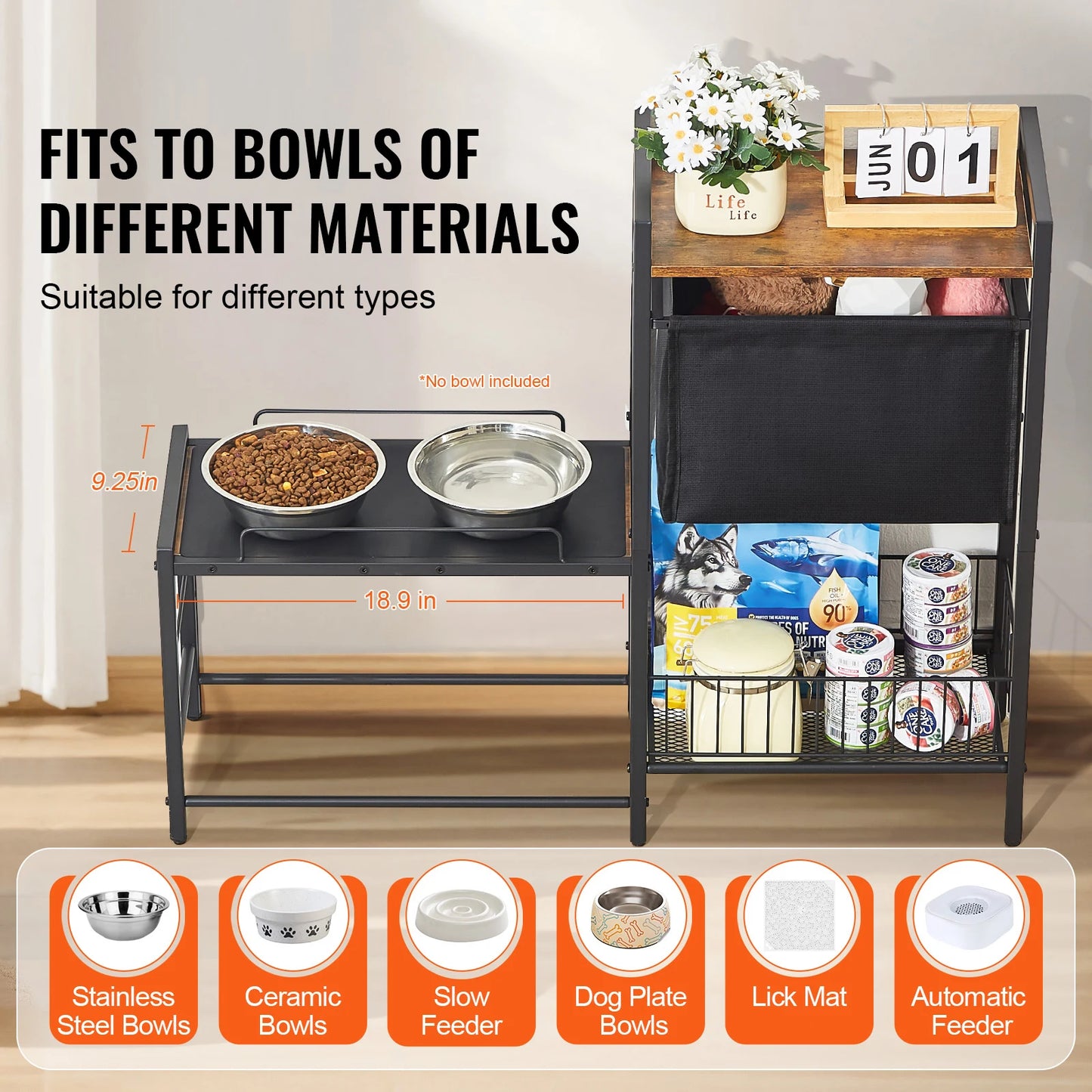 VEVOR Elevated Pet Feeding Station With Storage Bowls
