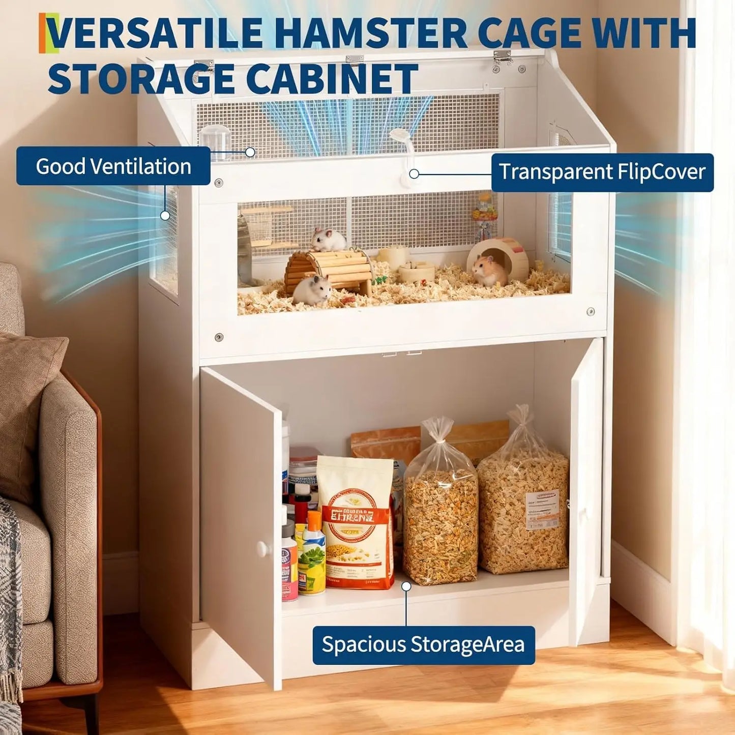 HiMISS Hamster Cage With Storage Cabinet And Easy View Acrylic Panels