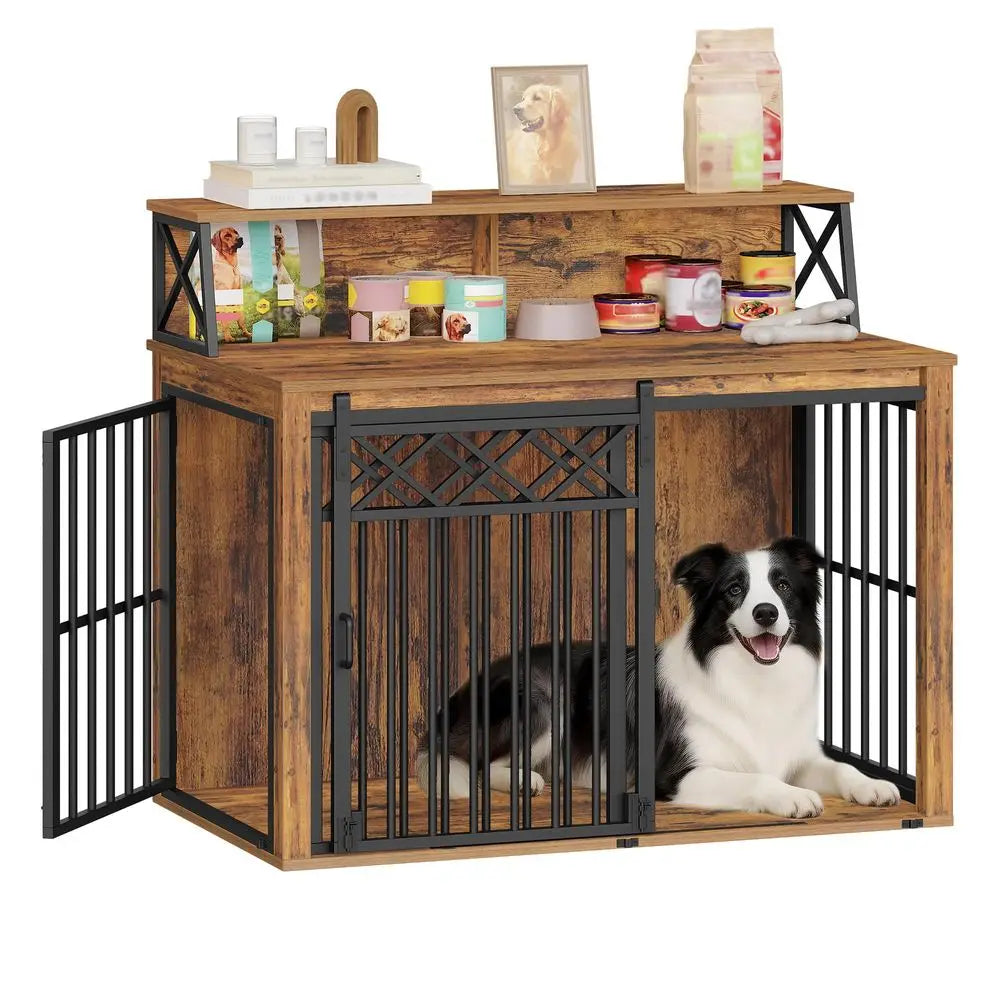 Large Wooden Dog Crate With Storage And 3 Doors End Table