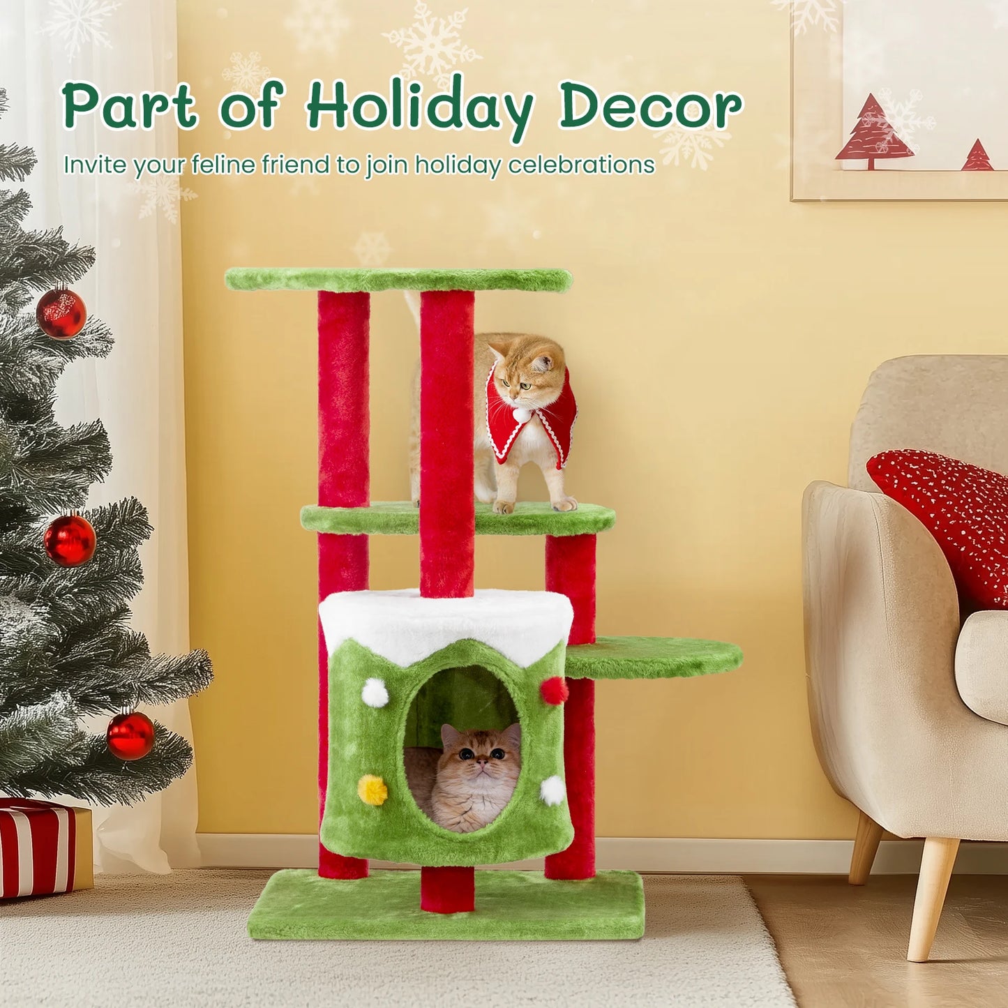 NONECN Christmas Cat Tower With Condo Plush 3 Level Cat Tree
