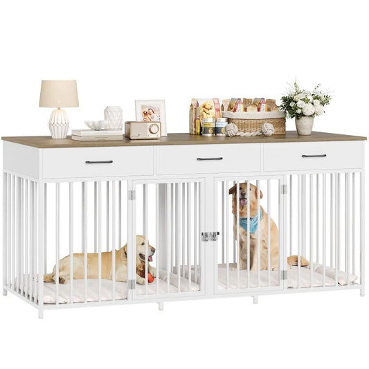 Heavy Duty Wooden Double Dog Crate With Drawers For Pets
