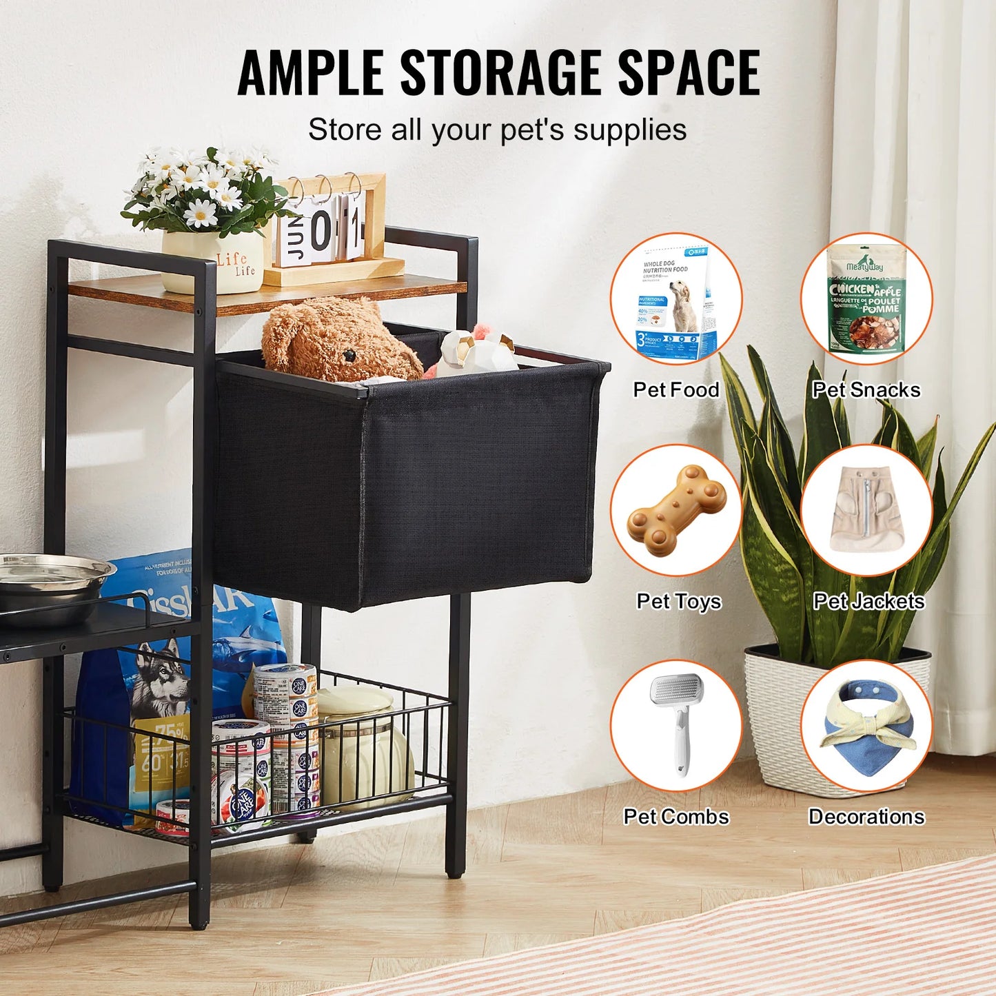 VEVOR Elevated Pet Feeding Station With Storage Bowls