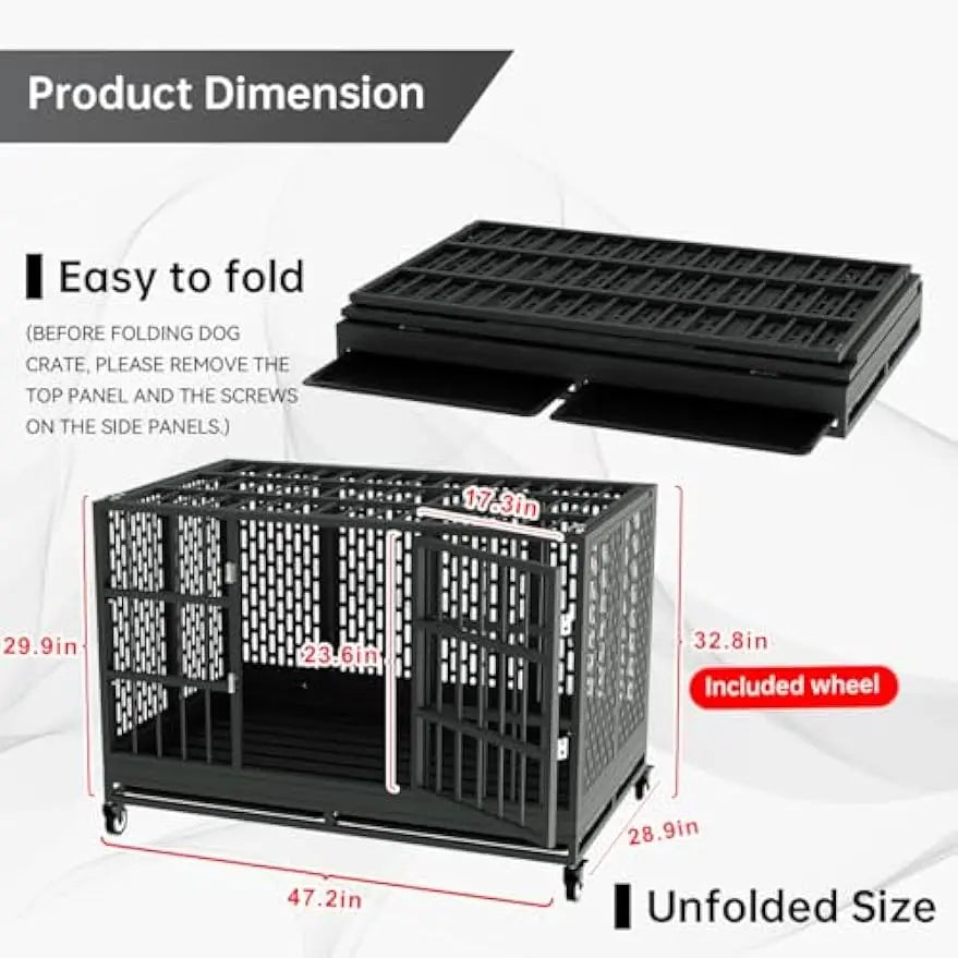 Heavy-Duty Folding Dog Crate With Wheels For Large Dogs