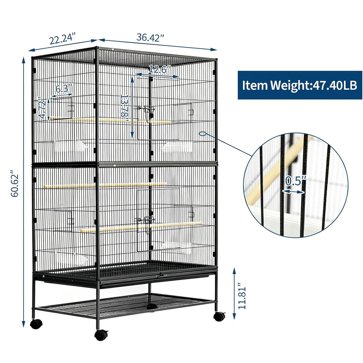 HiMISS Bird Cage With Rolling Base And Feed Bowls