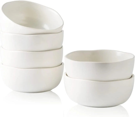 Ceramic Soup Bowls Set of 6 Chip-Resistant With Wavy Rim and Reactive Glaze