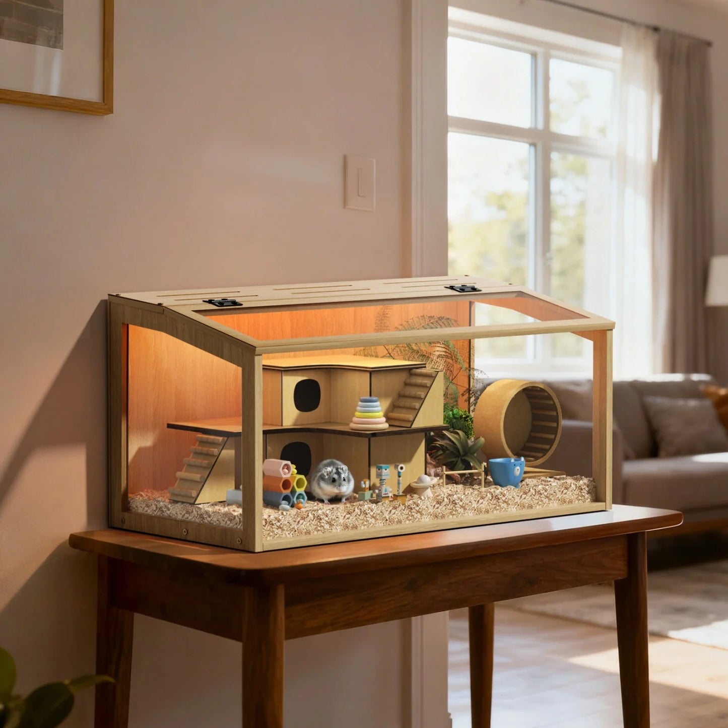 Natural Wooden Hamster Cage With Built In LED Light Habitat