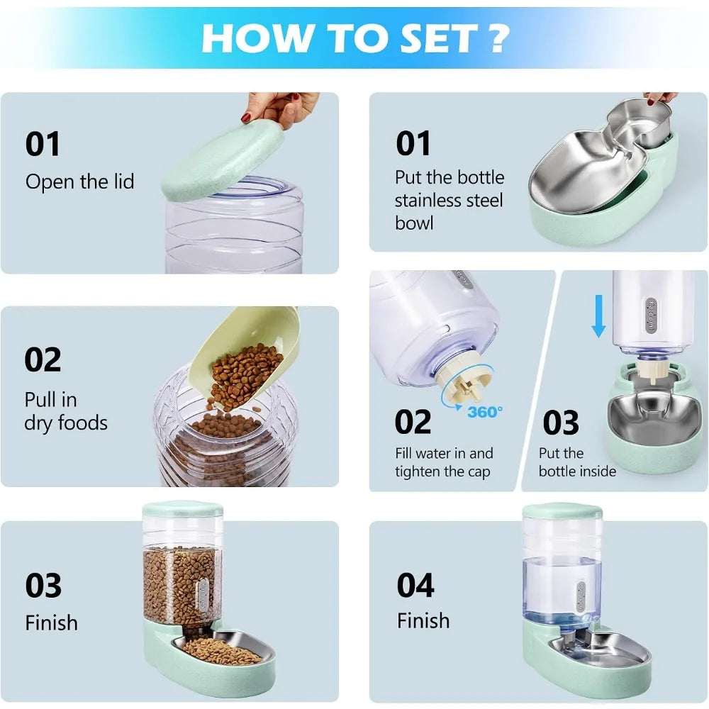 Automatic Pet Feeder And Water Dispenser With Stainless Steel Bowl