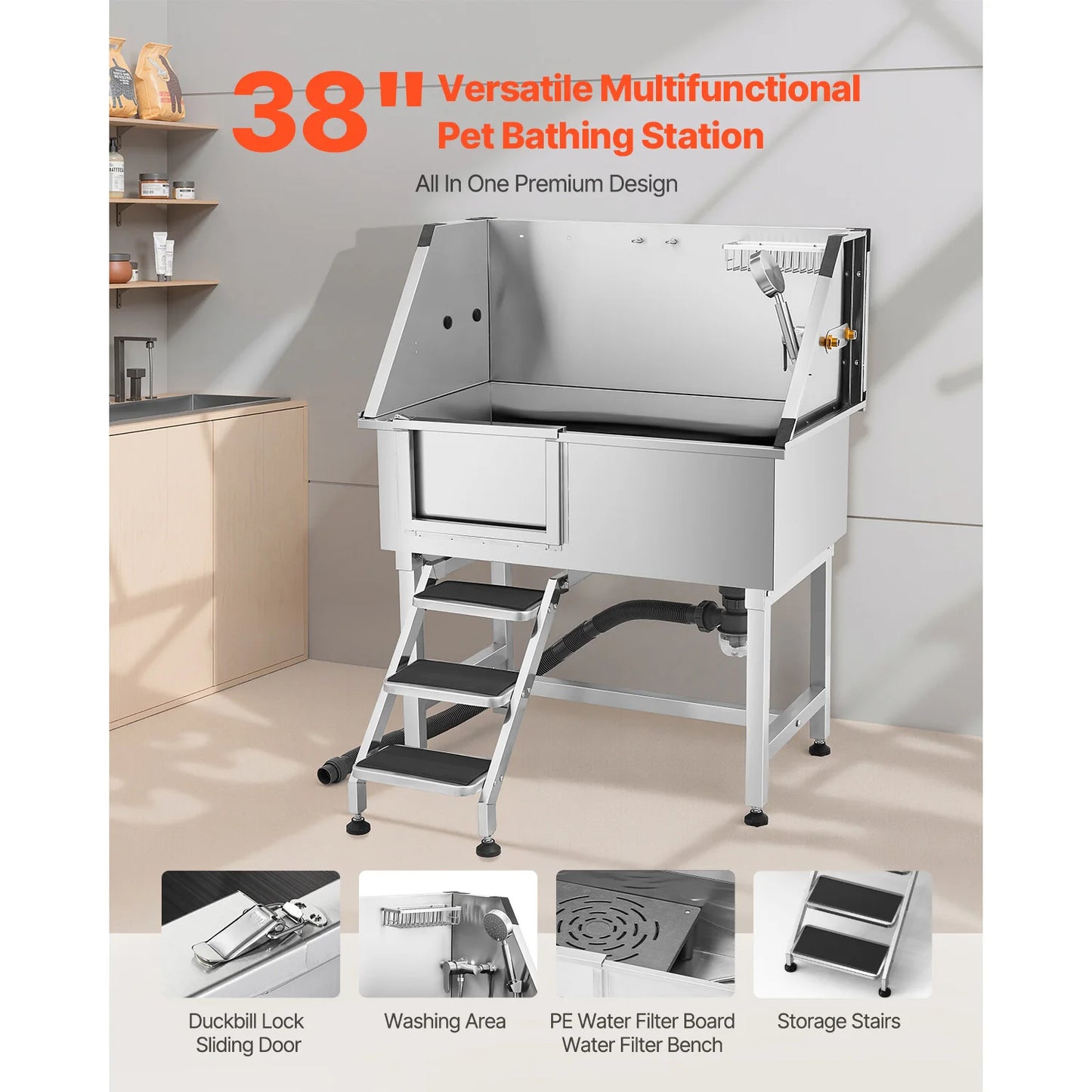 Stainless Steel Dog Grooming Station With Storage And Faucet