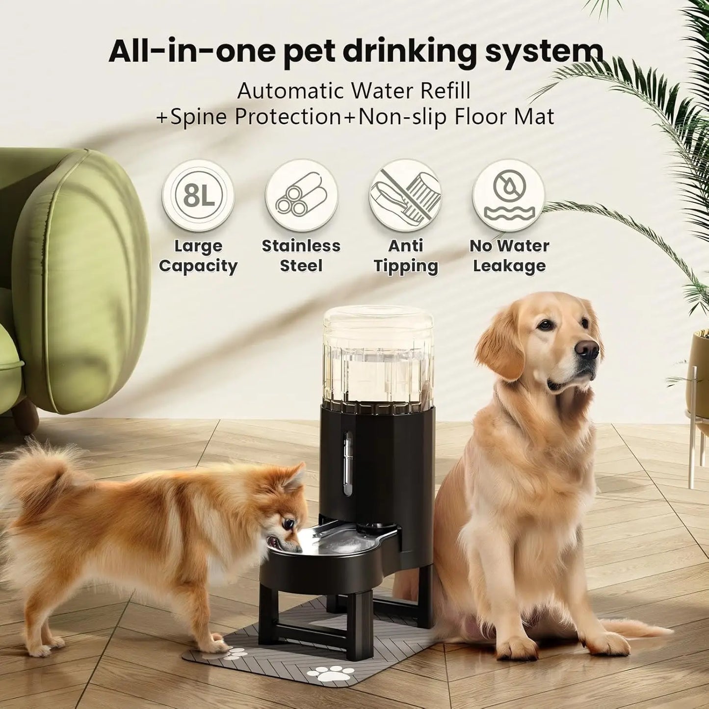 Elevated Dog Water Dispenser With Mat Quiet Easy Clean