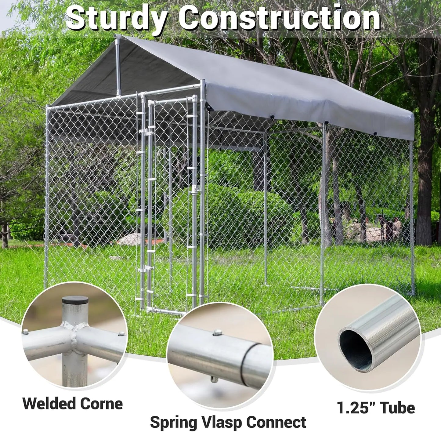 Galvanized Outdoor Dog Kennel With Roof Lock UV Resistant Cover