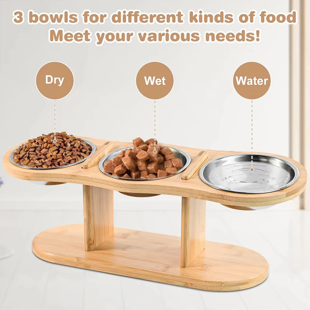 Cat Three Bowls In Raised Feeder With Tilted Wooden Stand