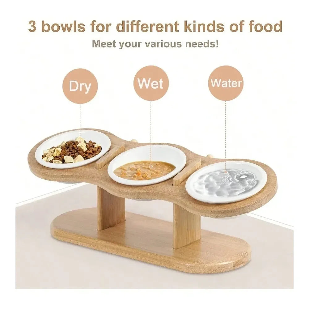 Adjustable Raised Dog Bowl Stand With Three Ceramic Bowls