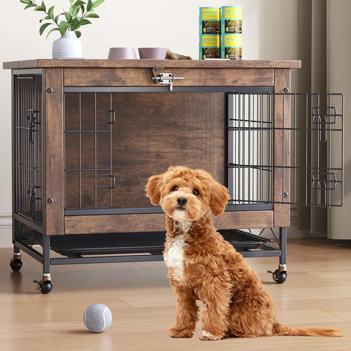 HiMISS Rustic Dog Crate Furniture With Wheels Heavy Duty Kennel