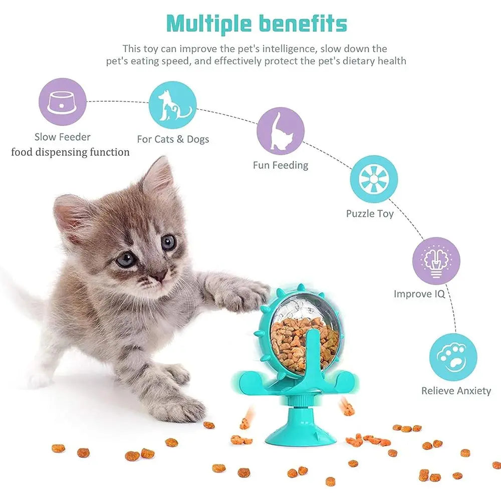 Interactive Cat Treat Dispenser Toy With 360 Degree Windmill Rotation