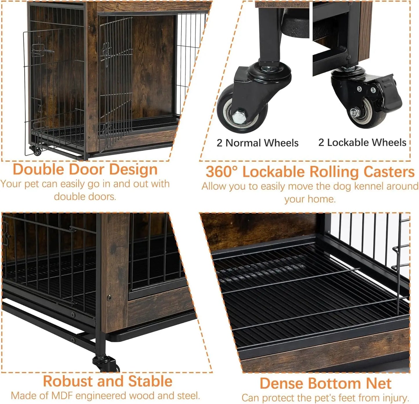 HiMISS Rustic Dog Crate Furniture With Wheels AntiChew Kennel