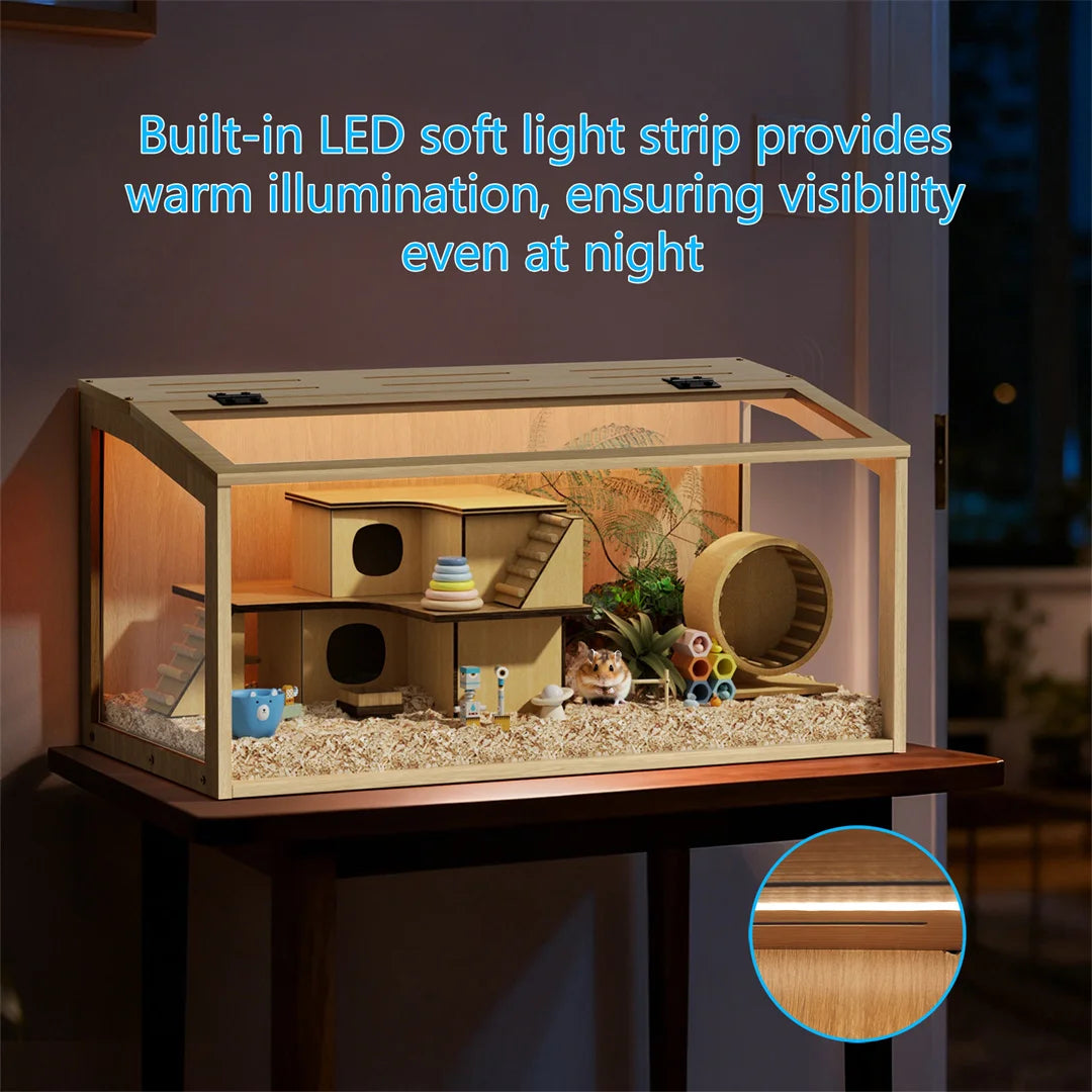 Natural Wooden Hamster Cage With Tempered Glass Panels And LED