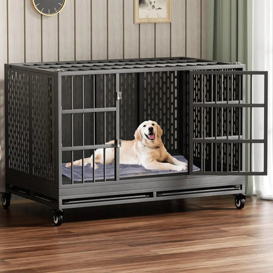 Ufsagcg Heavy Duty Dog Crate With Wheels Folding Metal Cage For Large Dogs
