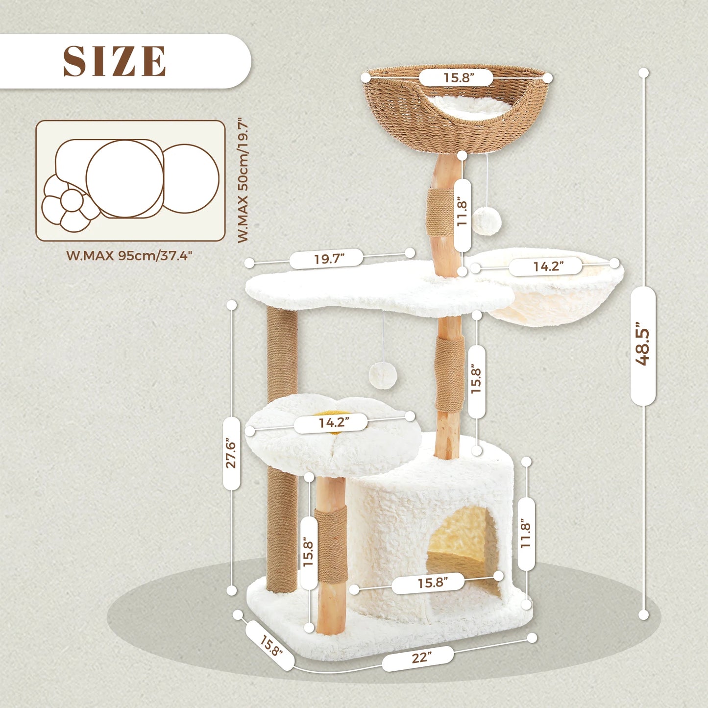 PEQULTI Solid Wood Cat Tree with Spacious Condo and Perches