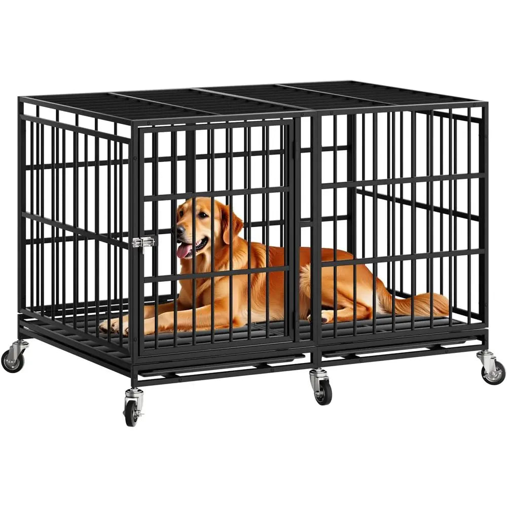 Heavy-Duty Dog Crate With Wheels And Removable Tray