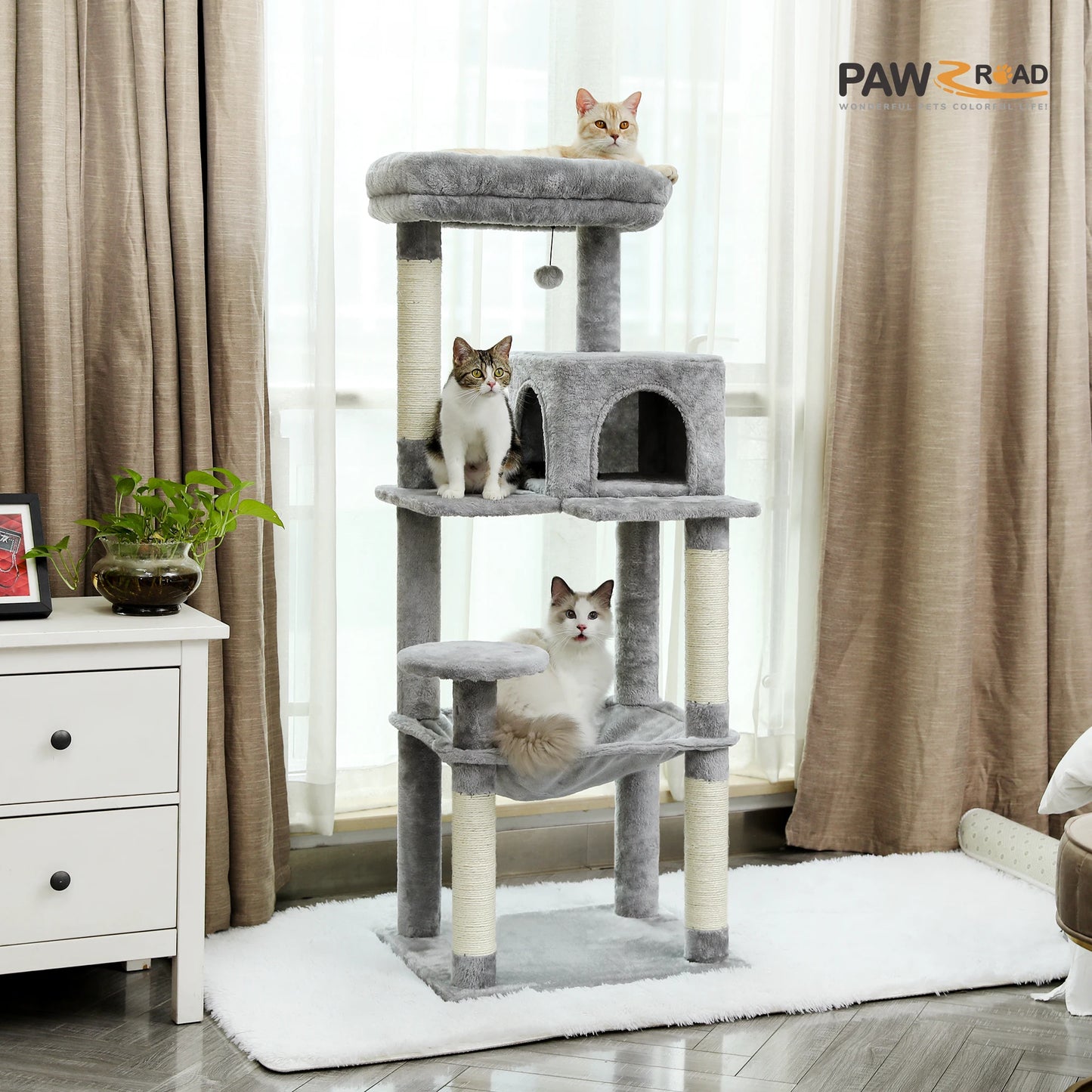 PAWZ Road 5-Level Cat Tree Tower For Indoor Cats With Cozy Condo And Hammock
