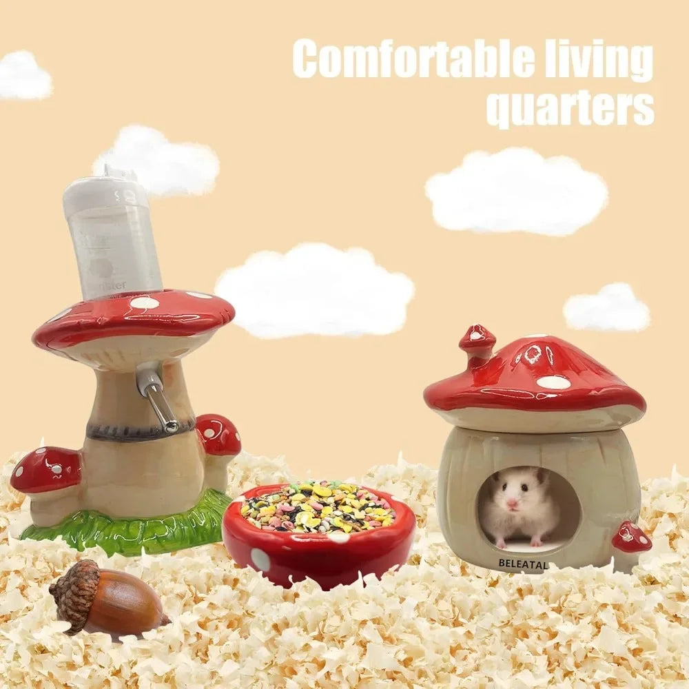Ceramic Hamster Hideout With Water Bottle Stand And Food Bowl
