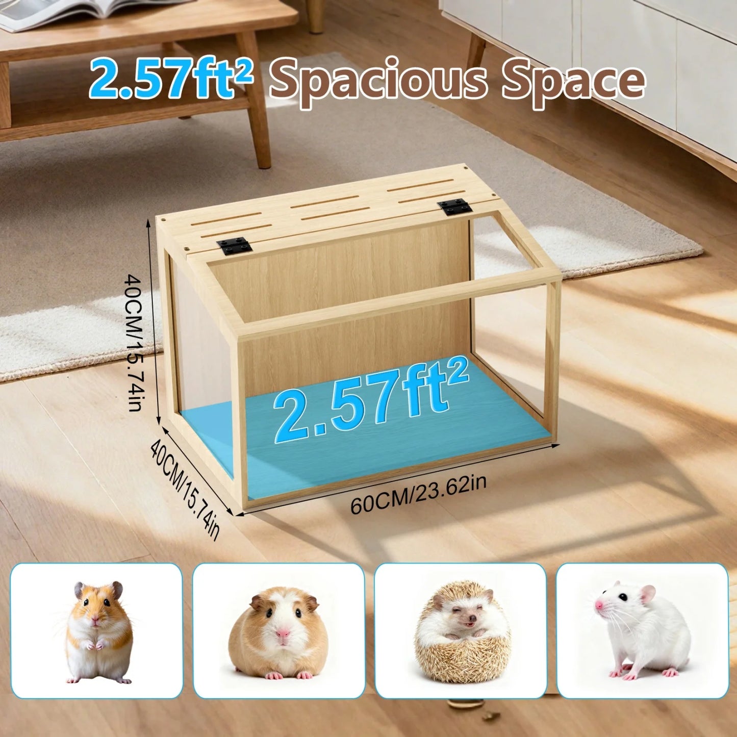 Natural Wooden Hamster Cage With Built In LED Light Habitat