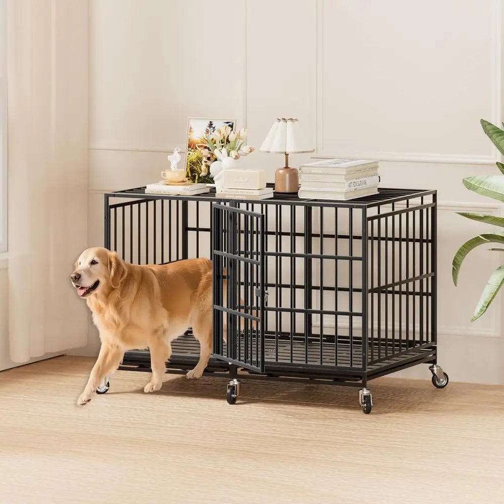 Heavy-Duty Dog Crate With Wheels And Removable Tray