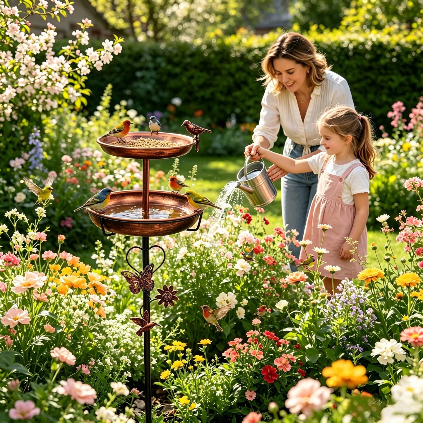 Double Layer Outdoor Bird Bath Stand With Five Pronged Base